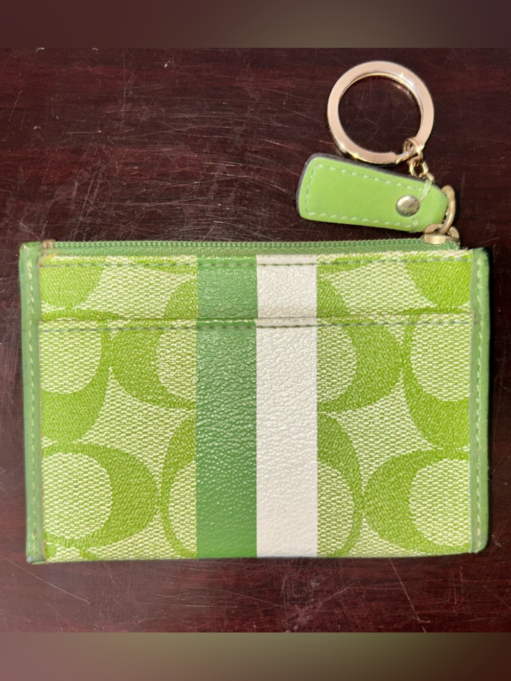 Coach Lime Green and White Signature Stripe Card Holder Keychain - Picture 2 of 3
